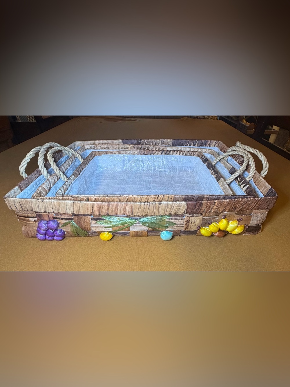 Vtg 70s Raffia Fruit Casserole Baskets Set of 3 Philippines Boho